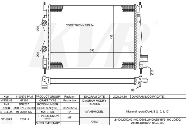NISSAN Closed Off-Road Vehicle,2007- K9K 764 RADIATOR