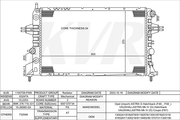 OPEL HATCHBACK,1998-2009 Z 22 SE RADIATOR