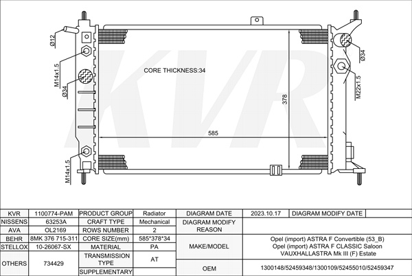 OPEL CONVERTIBLE,1993-2001 X 14 NZ RADIATOR
