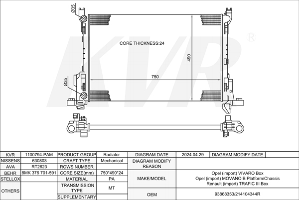 OPEL BOX,2014 R9M 450 RADIATOR