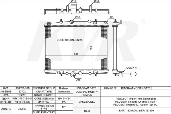 PEUGEOT SALOON,1995-2005 RHY (DW10TD) RADIATOR