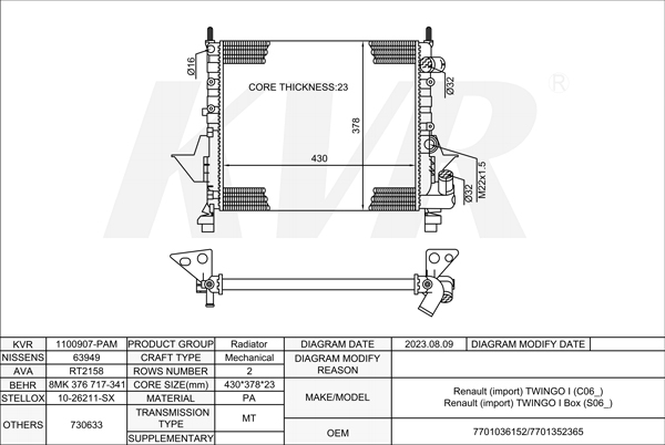 RENAULT HATCHBACK,1993- C3G 702 RADIATOR
