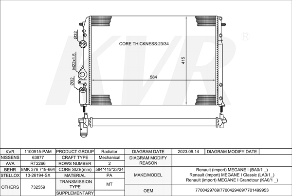 RENAULT HATCHBACK,1995-2004 F9Q 744 RADIATOR