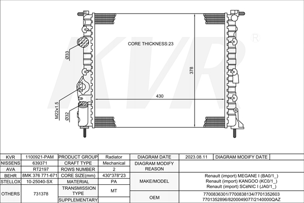 RENAULT HATCHBACK,1995-2004 K7M 790 RADIATOR