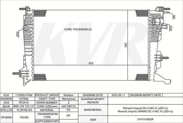 RENAULT MPV,2009- K9K 832 RADIATOR
