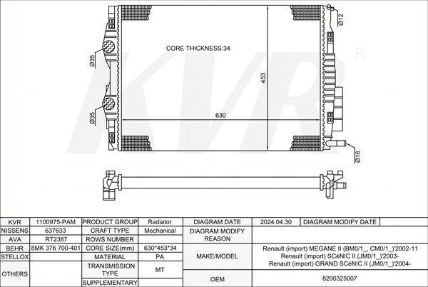 RENAULT HATCHBACK,2002-11 M9R 722 RADIATOR