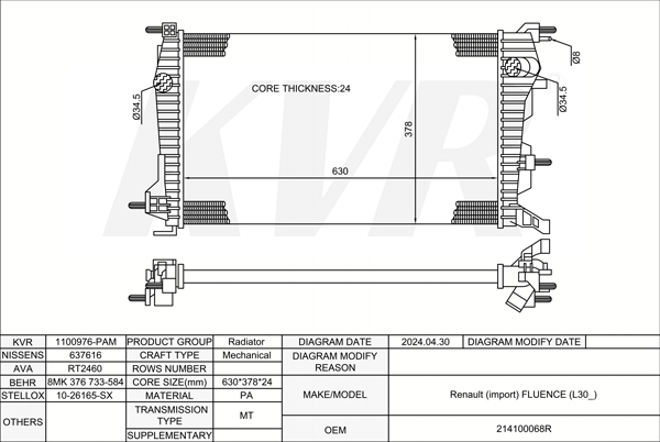 RENAULT SALOON,2010- K9K 837 RADIATOR