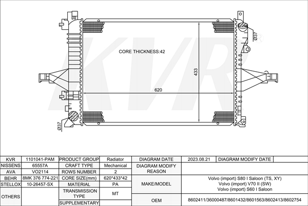 VOLVO SALOON,1998-2006 B 6304 S3 RADIATOR