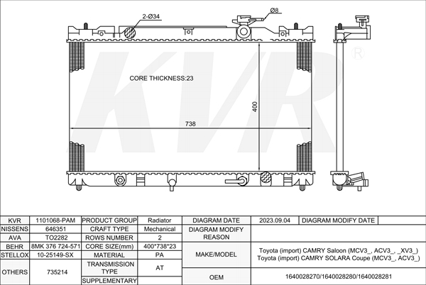 TOYOTA SALOON,2001-06 2AZ-FE RADIATOR