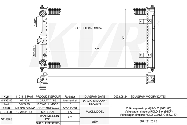 VOLKSWAGEN HATCHBACK,1981-94 1W RADIATOR