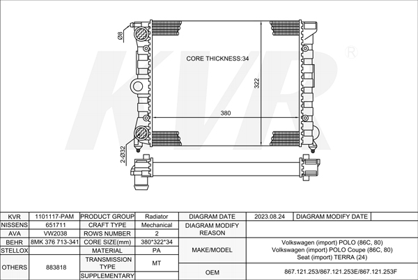 VOLKSWAGEN HATCHBACK,1981-94 MH RADIATOR