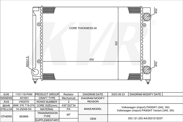 VOLKSWAGEN SALOON,1988-97 AAM RADIATOR