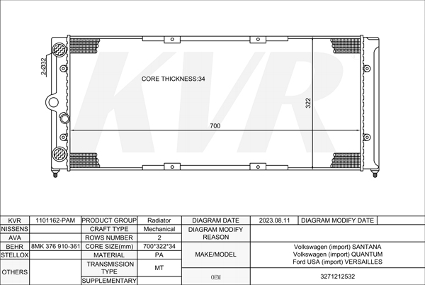 VOLKSWAGEN SALOON,1996-2006 UQF RADIATOR