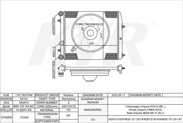 VOLKSWAGEN HATCHBACK,2001-12 ASY RADIATOR