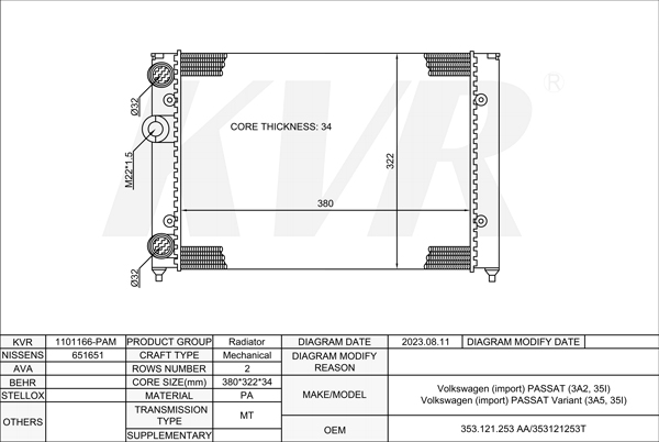 VOLKSWAGEN SALOON,1988-97 AAM RADIATOR