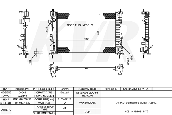 ALFA-ROMEO HATCHBACK,2010- 940 A2.000 RADIATOR