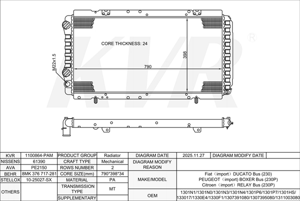 PEUGEOT BUS,1994-2002 DHY (XUD9TE) RADIATOR