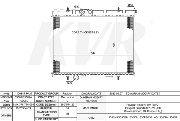 PEUGEOT HATCHBACK,2000- KFU (ET3J4) RADIATOR