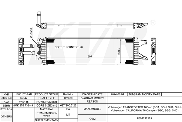 VOLKSWAGEN VAN,2015-19 CAAA RADIATOR