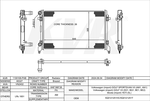 VOLKSWAGEN HATCHBACK,2014-17 CWVA RADIATOR