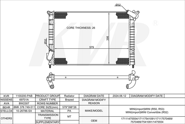 MINI HATCHBACK,2001-06 W11 B16 A RADIATOR