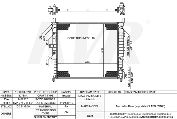 MERCEDES BENZ Closed Off-Road Vehicle,1998-2005 M 113.981 RADIATOR