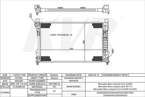 MERCEDES BENZ CONVERTIBLE,2004-11 M 272.963 RADIATOR