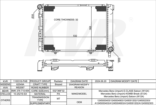 MERCEDES BENZ SALOON,1993-95 OM 601.912 RADIATOR