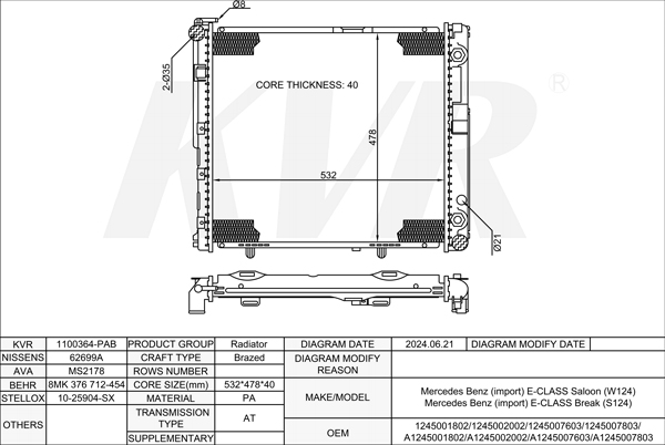 MERCEDES BENZ ESTATE,1993-96 OM 606.910 RADIATOR
