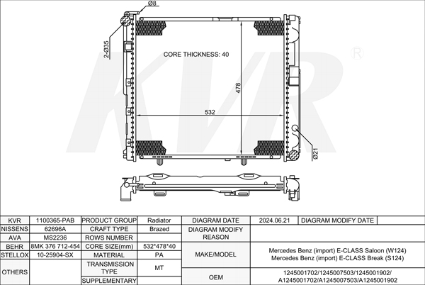 MERCEDES BENZ ESTATE,1993-96 OM 606.910 RADIATOR