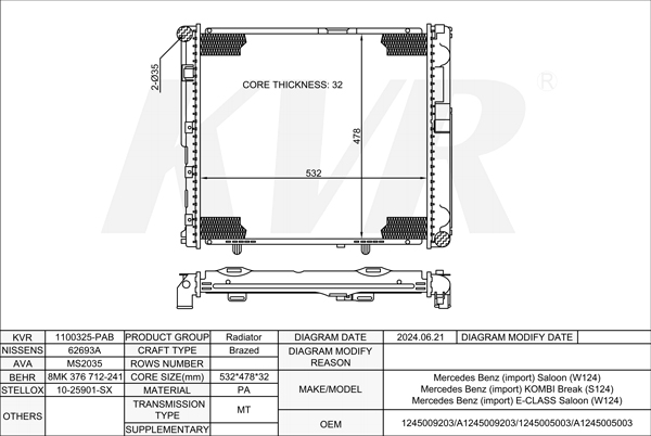 MERCEDES BENZ SALOON,1993-95 OM 601.912 RADIATOR