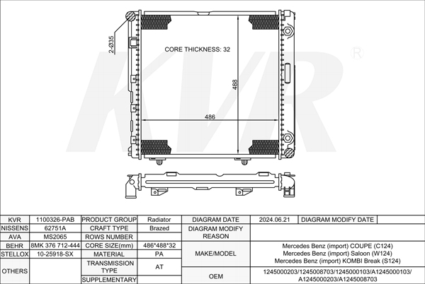 MERCEDES BENZ ESTATE,1985-93 M 102.982 RADIATOR