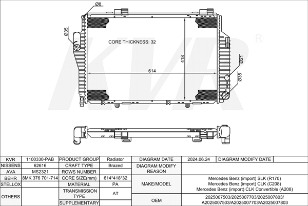 MERCEDES BENZ CONVERTIBLE,1996-2004 M 112.947 RADIATOR