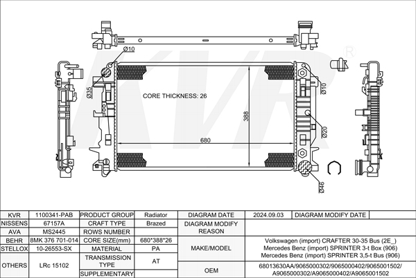 MERCEDES BENZ BUS,2006- OM 646.985 RADIATOR
