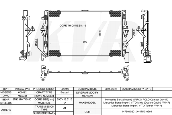 MERCEDES BENZ VAN,2014- OM 622.951 RADIATOR