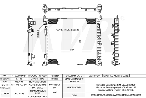 MERCEDES BENZ SUV,2012-15 OM 642.826 RADIATOR