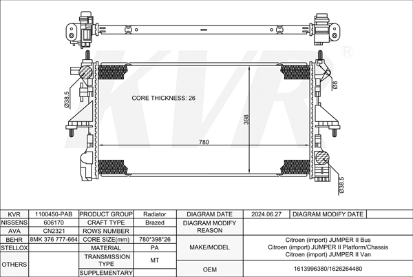 CITROEN BUS,2015-19 AHM (DW10FUE) RADIATOR