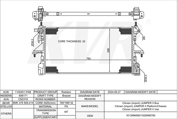 CITROEN BUS,2015-19 AHM (DW10FUE) RADIATOR