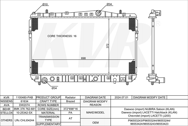 DAEWOO SALOON,2003- T18SED RADIATOR