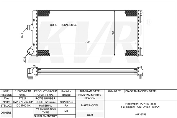 FIAT HATCHBACK,1999- 188 A3.000 RADIATOR