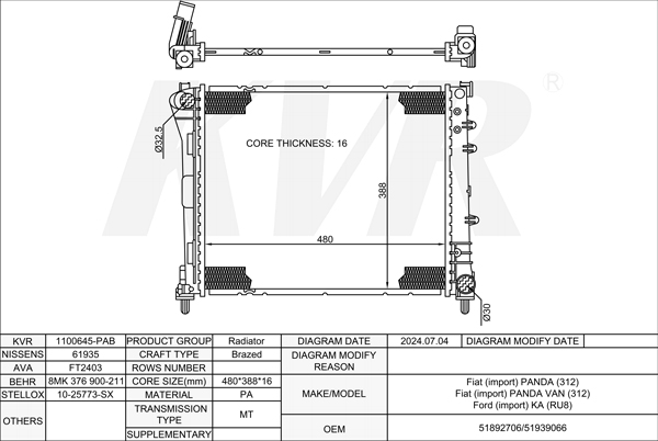FIAT HATCHBACK,2012- 199 A9.000 RADIATOR