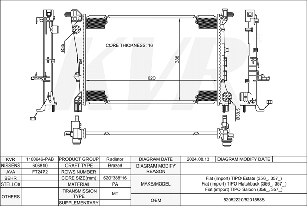 FIAT ESTATE,2016- 940 B7.000 RADIATOR