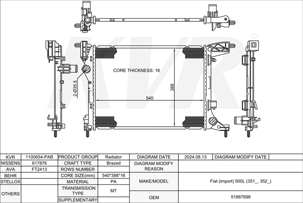 FIAT HATCHBACK,2012- 843 A1.000 RADIATOR