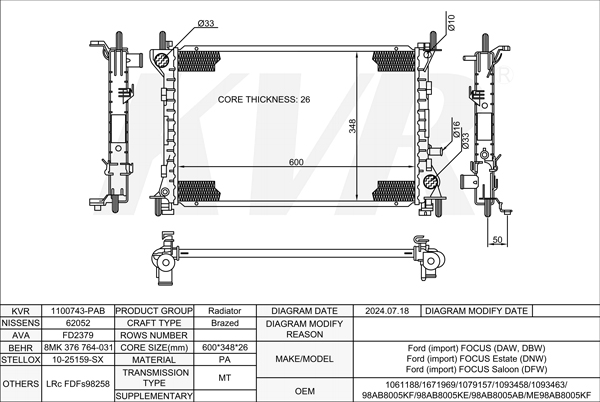 FORD HATCHBACK,1998-2007 EDDF RADIATOR
