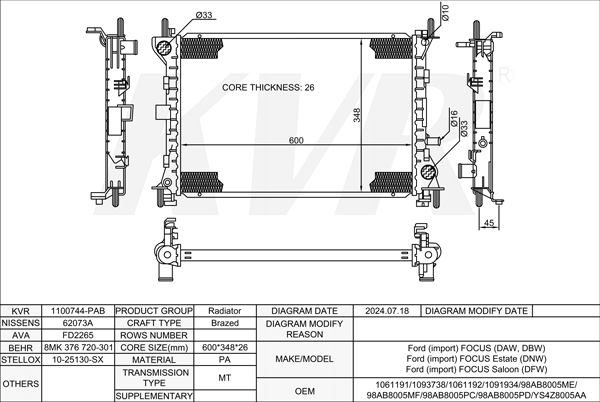 FORD HATCHBACK,1998-2007 EDDF RADIATOR