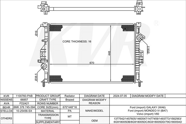 FORD MPV,2006-15 KNWA RADIATOR