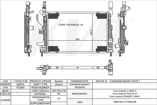 FORD MPV,2015-19 XWDA RADIATOR
