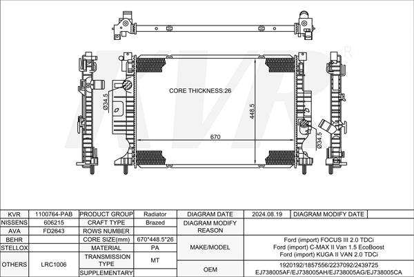 FORD HATCHBACK,2014-17 M9DA RADIATOR