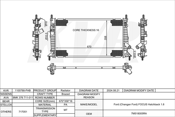 FORD HATCHBACK,2012-17 CAF483Q0 RADIATOR