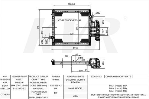 MAN,2000- D 2866 LF32 RADIATOR